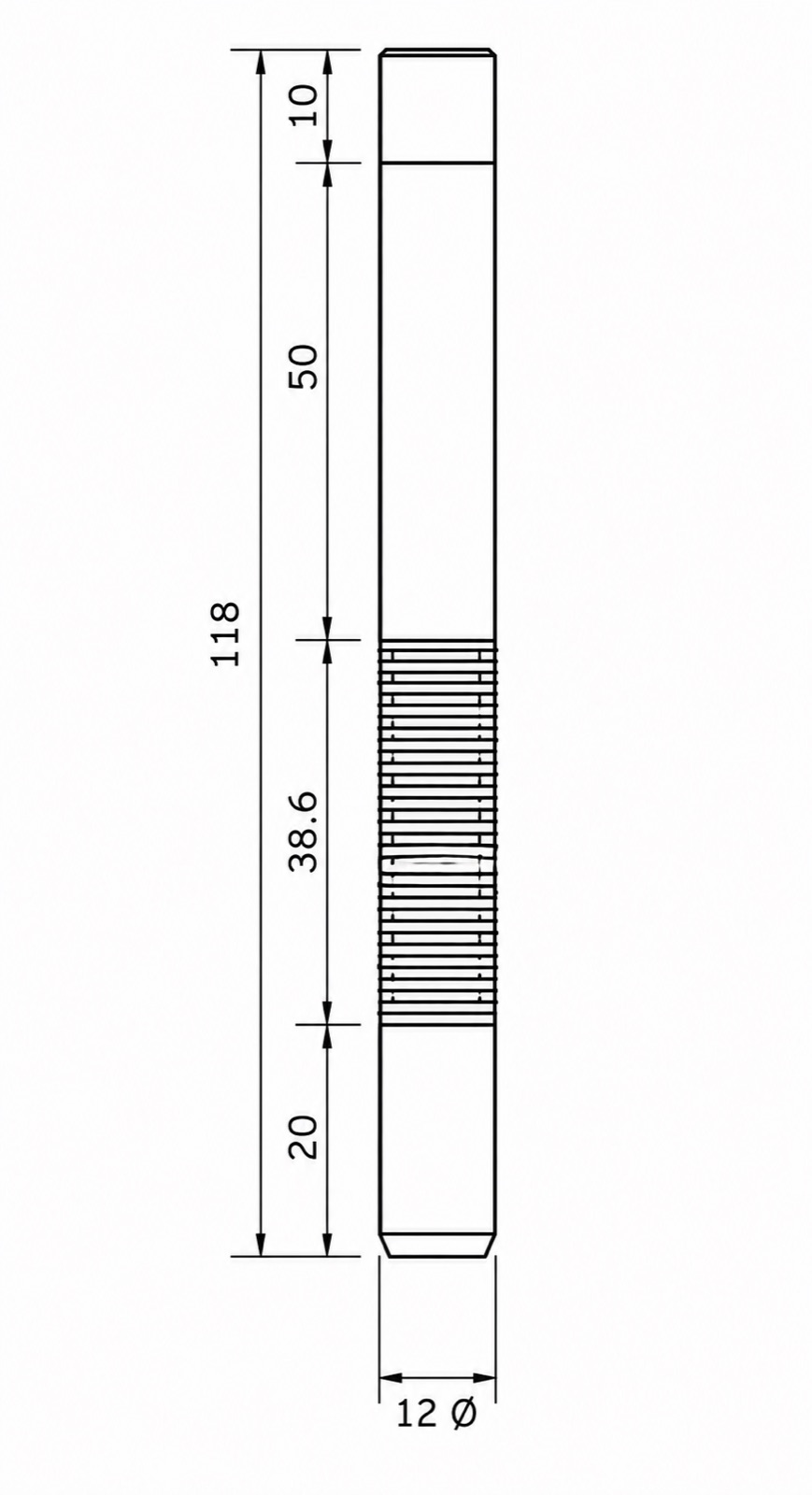 Incure L9000™ Long Guide dimensional drawing — 118 mm total length, 12 mm diameter
