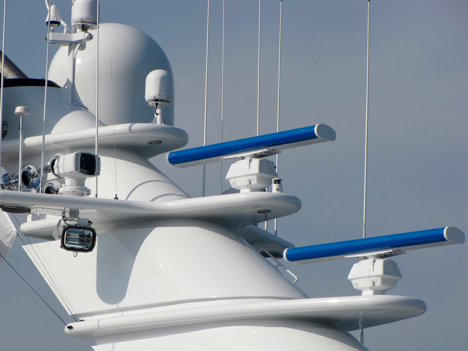 Marine vessel navigation mast with radar domes for Pyra-Sil™ silicone conformal coating marine and outdoor protection