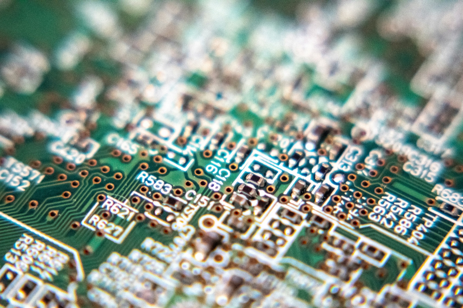 Green populated circuit board macro for Pyra-Sil™ silicone conformal coating PCB and PCBA protection
