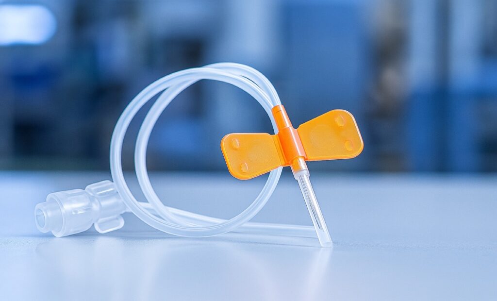 A close-up, focused shot of a sterile, single-use butterfly needle or winged infusion set. The device has a clear plastic tube and a prominent, vibrant orange wing-shaped grip. It is resting on a clean, reflective white surface, with a blurred medical or laboratory background.