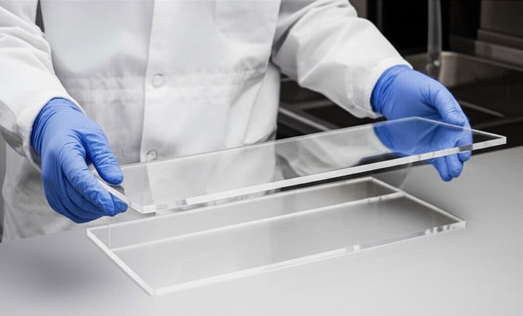 A person wearing a white lab coat and blue gloves carefully handles two rectangular pieces of clear acrylic or glass. One piece rests on a light gray countertop, while the other is held just above it, with a laboratory or workshop background.